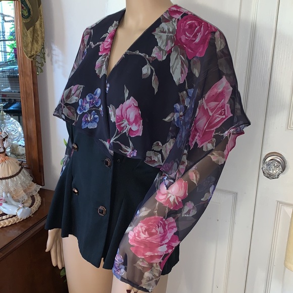 Vintage 80’s pink black sheer chiffon collar bow blazer jacket M - Picture 4 of 12